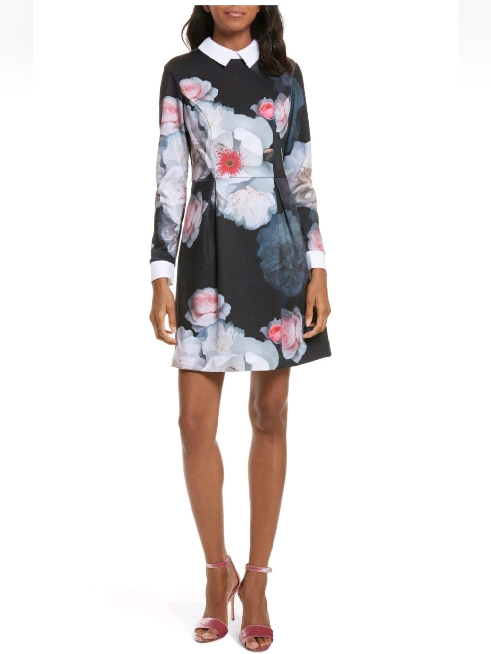 Ted Baker Floral Long-Sleeve Fit & Flare Dress with Contrast Collar US 4